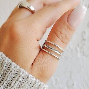 Triple Band Ring, Three Stacking Ring Set, Adjustable Sterling Silver Ring,